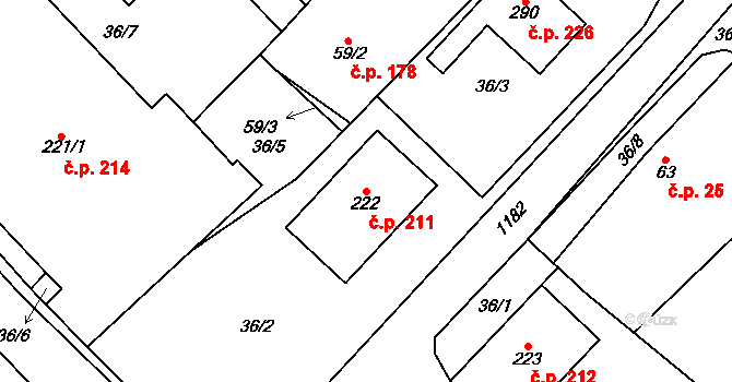 Horní Počaply 211 na parcele st. 222 v KÚ Horní Počaply, Katastrální mapa