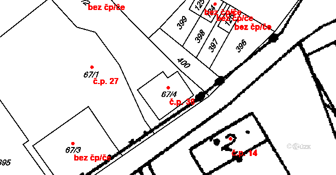 Rájec 38, Borovnice na parcele st. 67/4 v KÚ Rájec, Katastrální mapa