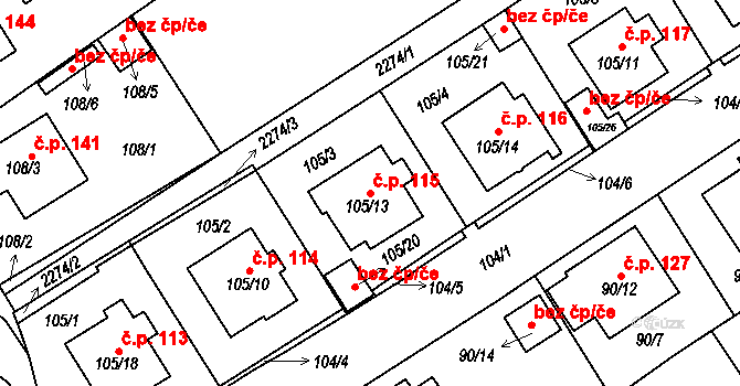 Plzeňské Předměstí 115, Horšovský Týn na parcele st. 105/13 v KÚ Horšovský Týn, Katastrální mapa