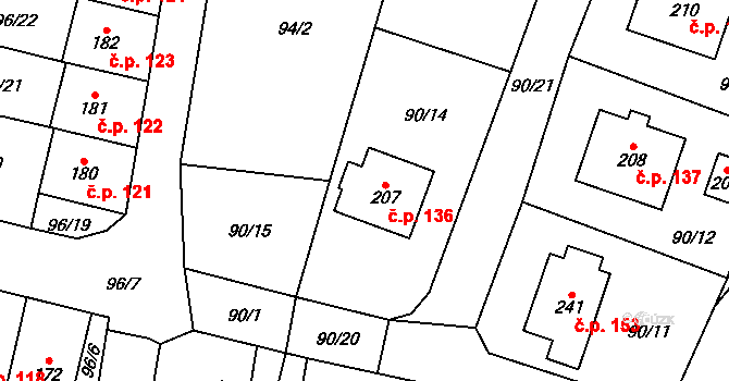 Svéradice 136 na parcele st. 207 v KÚ Svéradice, Katastrální mapa