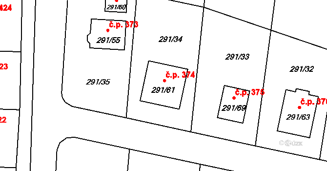 Oldřišov 374 na parcele st. 291/61 v KÚ Oldřišov, Katastrální mapa