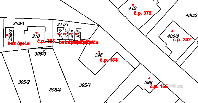 Jakubské Předměstí 184, Jaroměř na parcele st. 396 v KÚ Jaroměř, Katastrální mapa