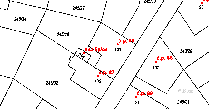 Valy 85 na parcele st. 103 v KÚ Valy nad Labem, Katastrální mapa
