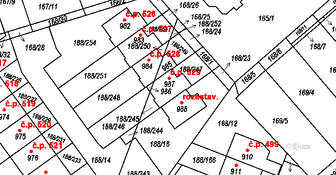 Věkoše 529, Hradec Králové na parcele st. 987 v KÚ Věkoše, Katastrální mapa