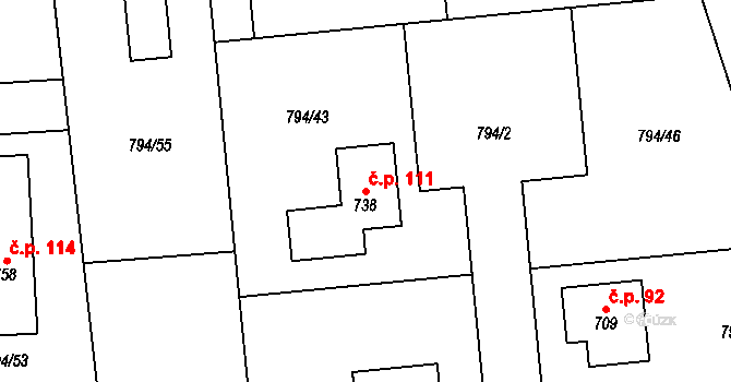 Halouny 111, Svinaře na parcele st. 738 v KÚ Svinaře, Katastrální mapa