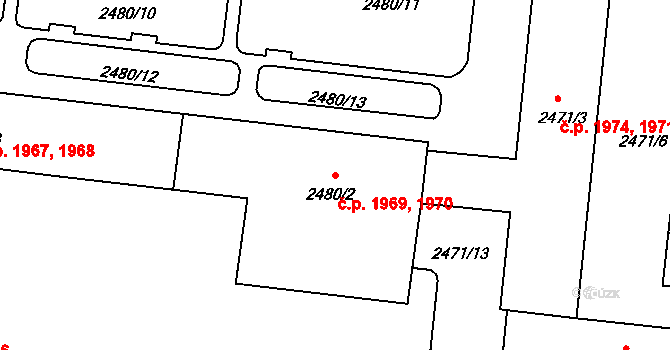 Louny 1969,1970 na parcele st. 2480/2 v KÚ Louny, Katastrální mapa