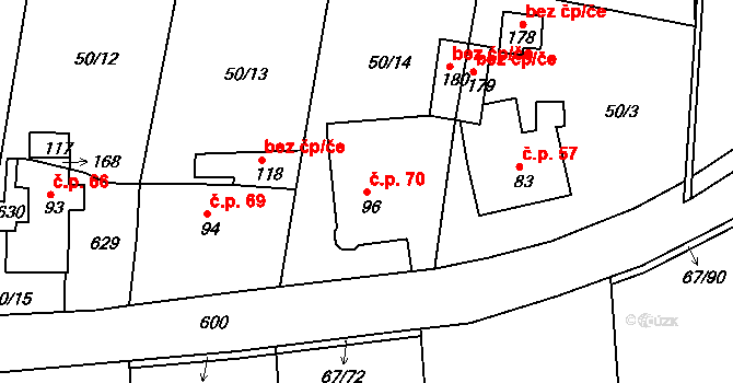 Dubice 70, Řehlovice na parcele st. 96 v KÚ Dubice nad Labem, Katastrální mapa