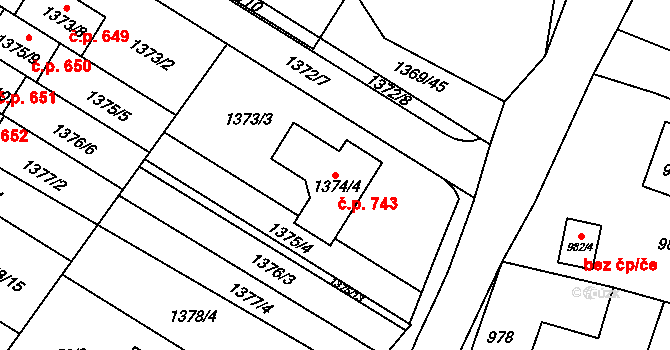 Sokolnice 743 na parcele st. 1374/4 v KÚ Sokolnice, Katastrální mapa