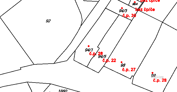 Popice 26, Znojmo na parcele st. 94/1 v KÚ Popice u Znojma, Katastrální mapa