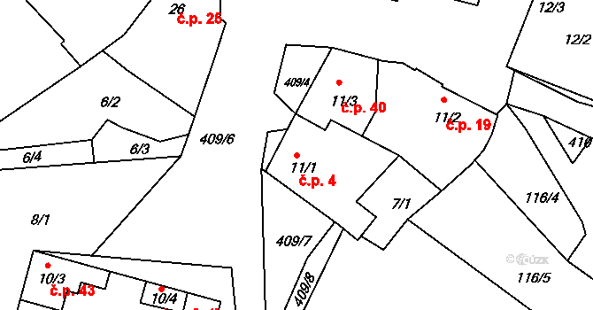 Horní Miletín 4, Lišov na parcele st. 11/1 v KÚ Horní Miletín, Katastrální mapa