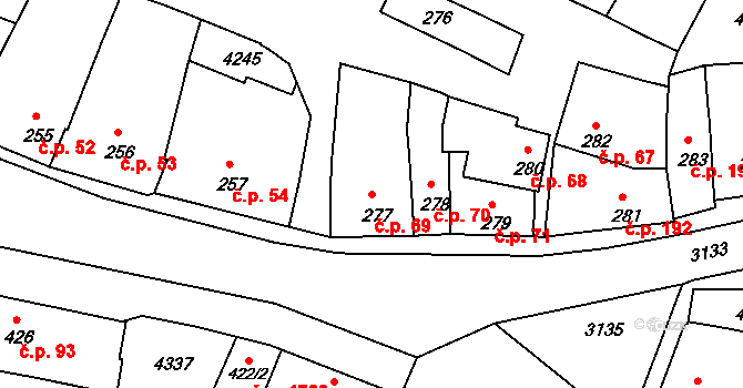Čelákovice 69 na parcele st. 277 v KÚ Čelákovice, Katastrální mapa
