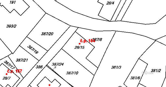 Polevsko 154 na parcele st. 28/15 v KÚ Polevsko, Katastrální mapa