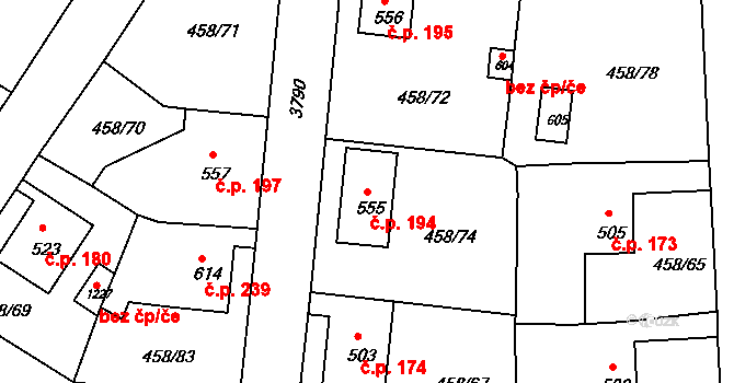 Kamenná 194, Jílové na parcele st. 555 v KÚ Jílové u Děčína, Katastrální mapa