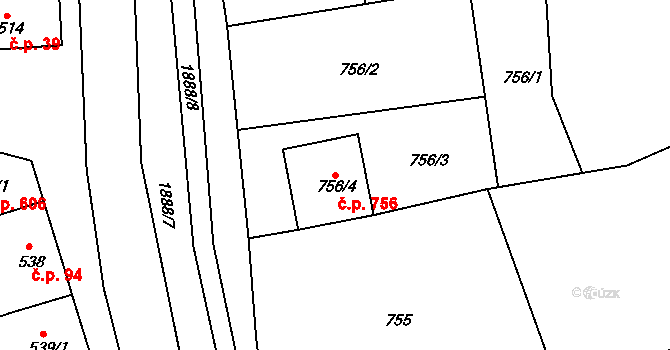 Šardice 756 na parcele st. 756/4 v KÚ Šardice, Katastrální mapa