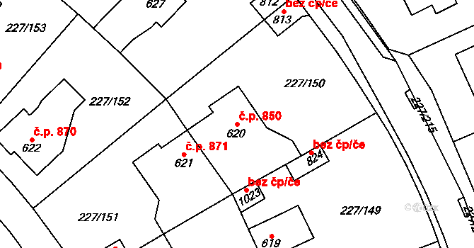 Švermov 850, Kladno na parcele st. 620 v KÚ Hnidousy, Katastrální mapa