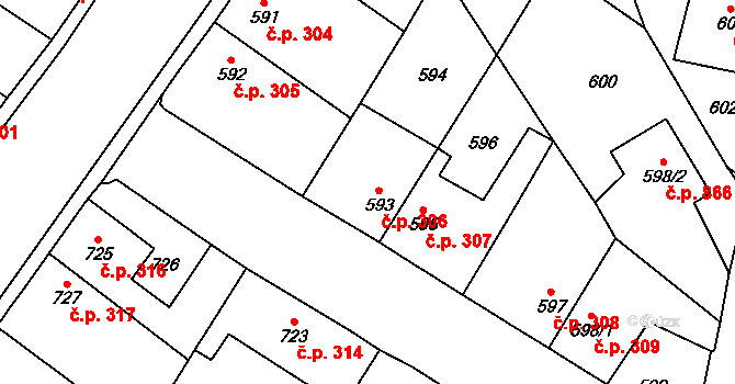 Kosmonosy 306 na parcele st. 593 v KÚ Kosmonosy, Katastrální mapa