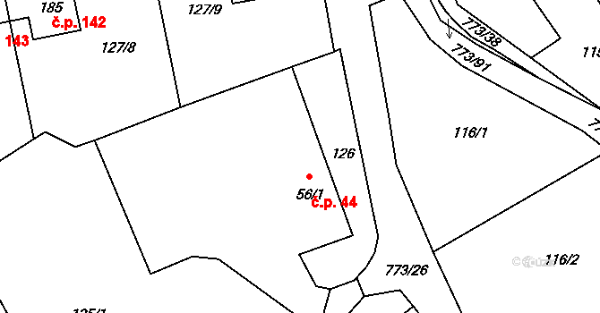 Sendražice 44 na parcele st. 56/1 v KÚ Sendražice u Smiřic, Katastrální mapa