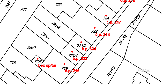Křelov 334, Křelov-Břuchotín na parcele st. 721/3 v KÚ Křelov, Katastrální mapa