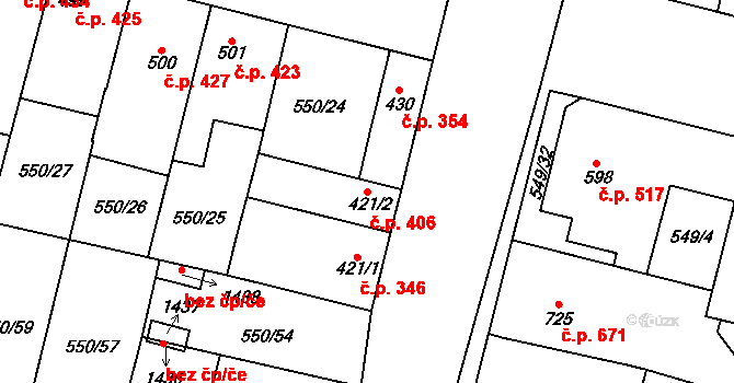 Libochovice 406 na parcele st. 421/2 v KÚ Libochovice, Katastrální mapa