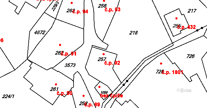 Rožnov pod Radhoštěm 92 na parcele st. 257 v KÚ Rožnov pod Radhoštěm, Katastrální mapa
