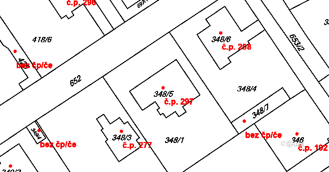Třebestovice 297 na parcele st. 348/5 v KÚ Třebestovice, Katastrální mapa