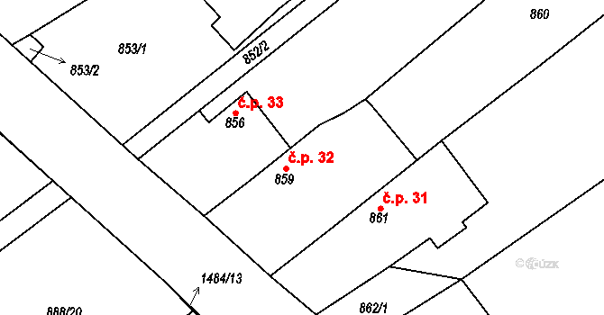 Černý Dub 32, Homole na parcele st. 859 v KÚ Homole, Katastrální mapa