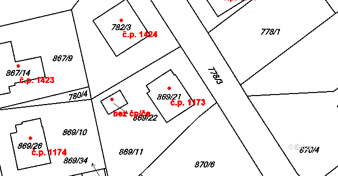 Pelhřimov 1173 na parcele st. 869/21 v KÚ Pelhřimov, Katastrální mapa