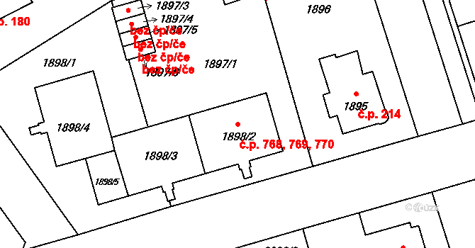 Ruzyně 768,769,770, Praha na parcele st. 1898/4 v KÚ Ruzyně, Katastrální mapa