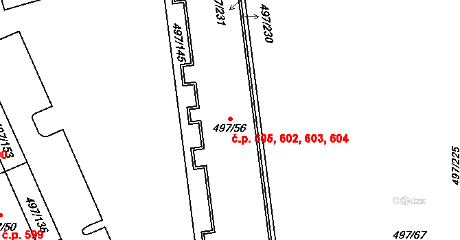 Ráj 602,603,604,605, Karviná na parcele st. 497/56 v KÚ Ráj, Katastrální mapa