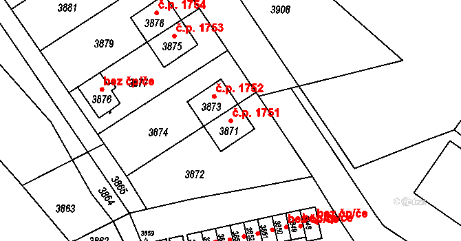 Vsetín 1751 na parcele st. 3871 v KÚ Vsetín, Katastrální mapa