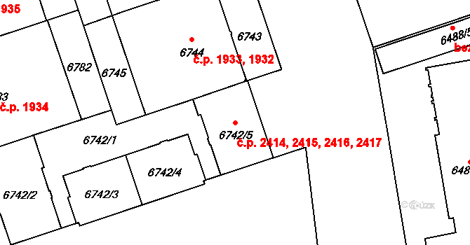 Jižní Předměstí 2414,2415,2416,2417, Plzeň na parcele st. 6742/2 v KÚ Plzeň, Katastrální mapa