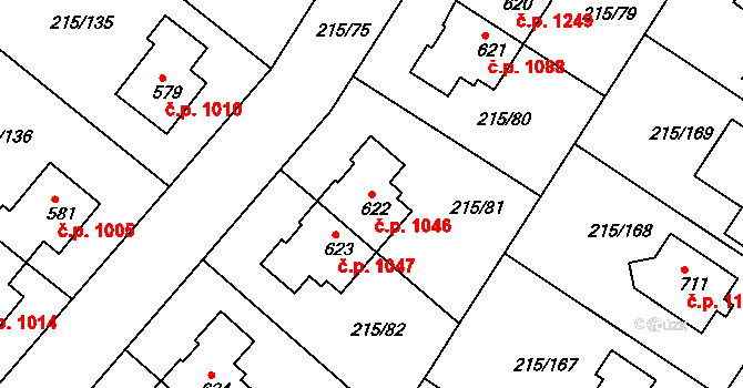 Rudná 1046 na parcele st. 622 v KÚ Hořelice, Katastrální mapa