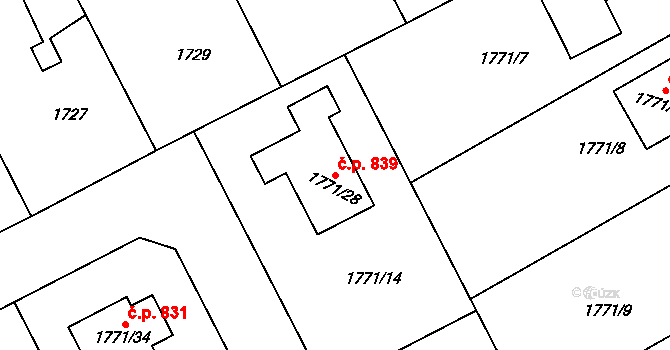 Buchlovice 839 na parcele st. 1771/28 v KÚ Buchlovice, Katastrální mapa