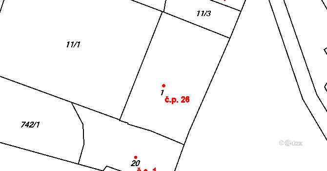 Radějovice 26, Přehýšov na parcele st. 1 v KÚ Radějovice u Přehýšova, Katastrální mapa
