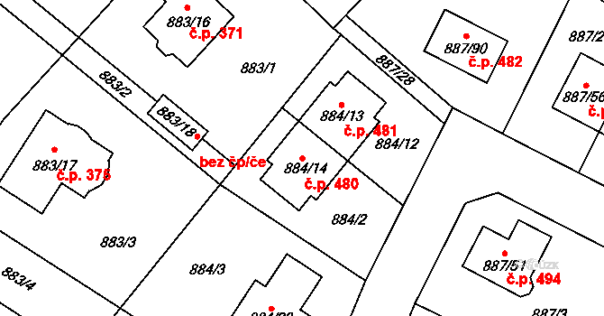 Jirny 480 na parcele st. 884/14 v KÚ Jirny, Katastrální mapa