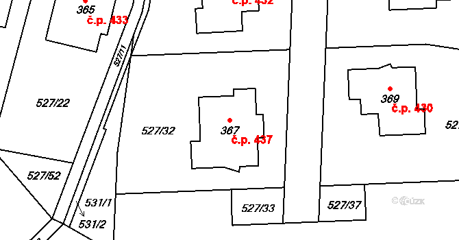 Tuchoměřice 437 na parcele st. 367 v KÚ Tuchoměřice, Katastrální mapa