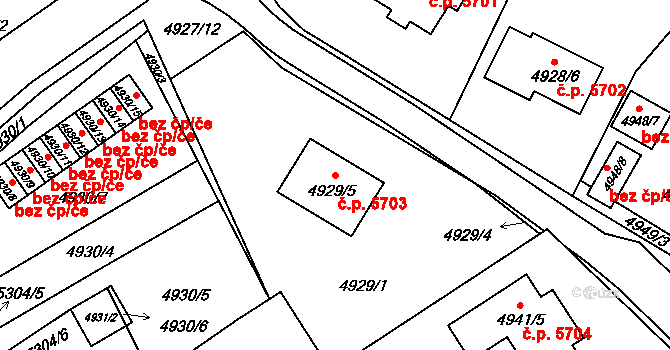Chomutov 5703 na parcele st. 4929/5 v KÚ Chomutov I, Katastrální mapa
