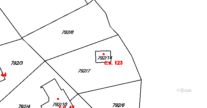 Rádlo 123 na parcele st. 792/14 v KÚ Rádlo, Katastrální mapa
