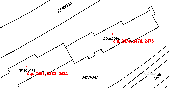 Předměstí 2472,2473,2474, Opava na parcele st. 2530/600 v KÚ Opava-Předměstí, Katastrální mapa
