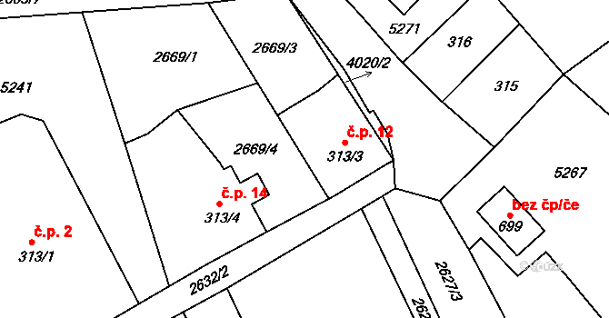 Pustý Mlýn 12, Brumovice na parcele st. 313/3 v KÚ Brumovice u Opavy, Katastrální mapa