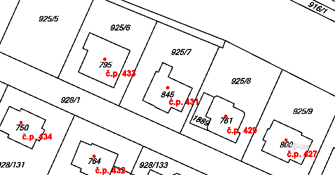 Jevišovice 431 na parcele st. 845 v KÚ Jevišovice, Katastrální mapa