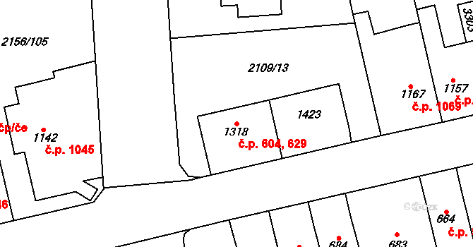 Choceň 604,629 na parcele st. 1318 v KÚ Choceň, Katastrální mapa