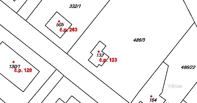 Hrádek 123 na parcele st. 132 v KÚ Hrádek u Rokycan, Katastrální mapa