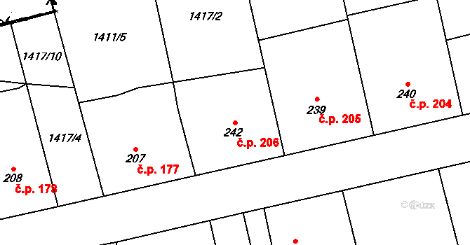 Cheznovice 206 na parcele st. 242 v KÚ Cheznovice, Katastrální mapa