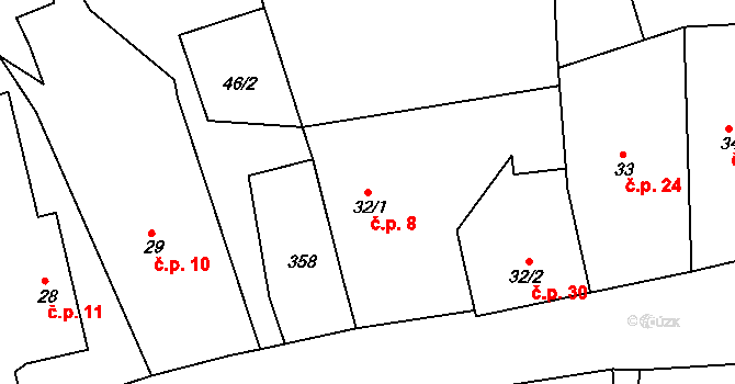 Miskolezy 8, Chvalkovice na parcele st. 32/1 v KÚ Miskolezy, Katastrální mapa