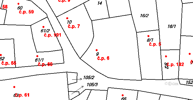 Lhenice 6 na parcele st. 9 v KÚ Lhenice, Katastrální mapa