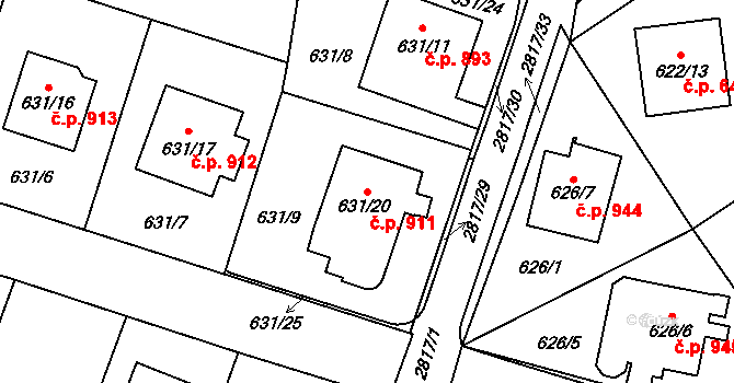 Dobruška 911 na parcele st. 631/20 v KÚ Dobruška, Katastrální mapa