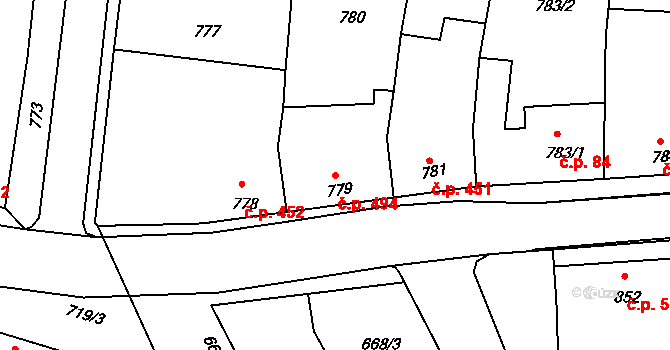Klobouky u Brna 494 na parcele st. 779 v KÚ Klobouky u Brna, Katastrální mapa