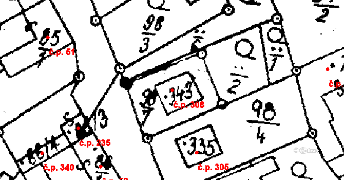 Týn nad Bečvou 308 na parcele st. 343 v KÚ Týn nad Bečvou, Katastrální mapa