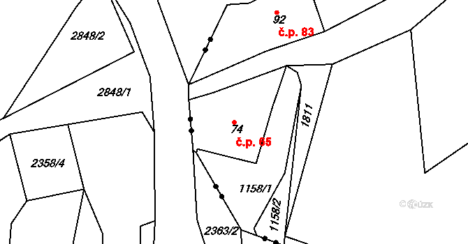 Opatov 65, Luby na parcele st. 74 v KÚ Opatov u Lubů, Katastrální mapa